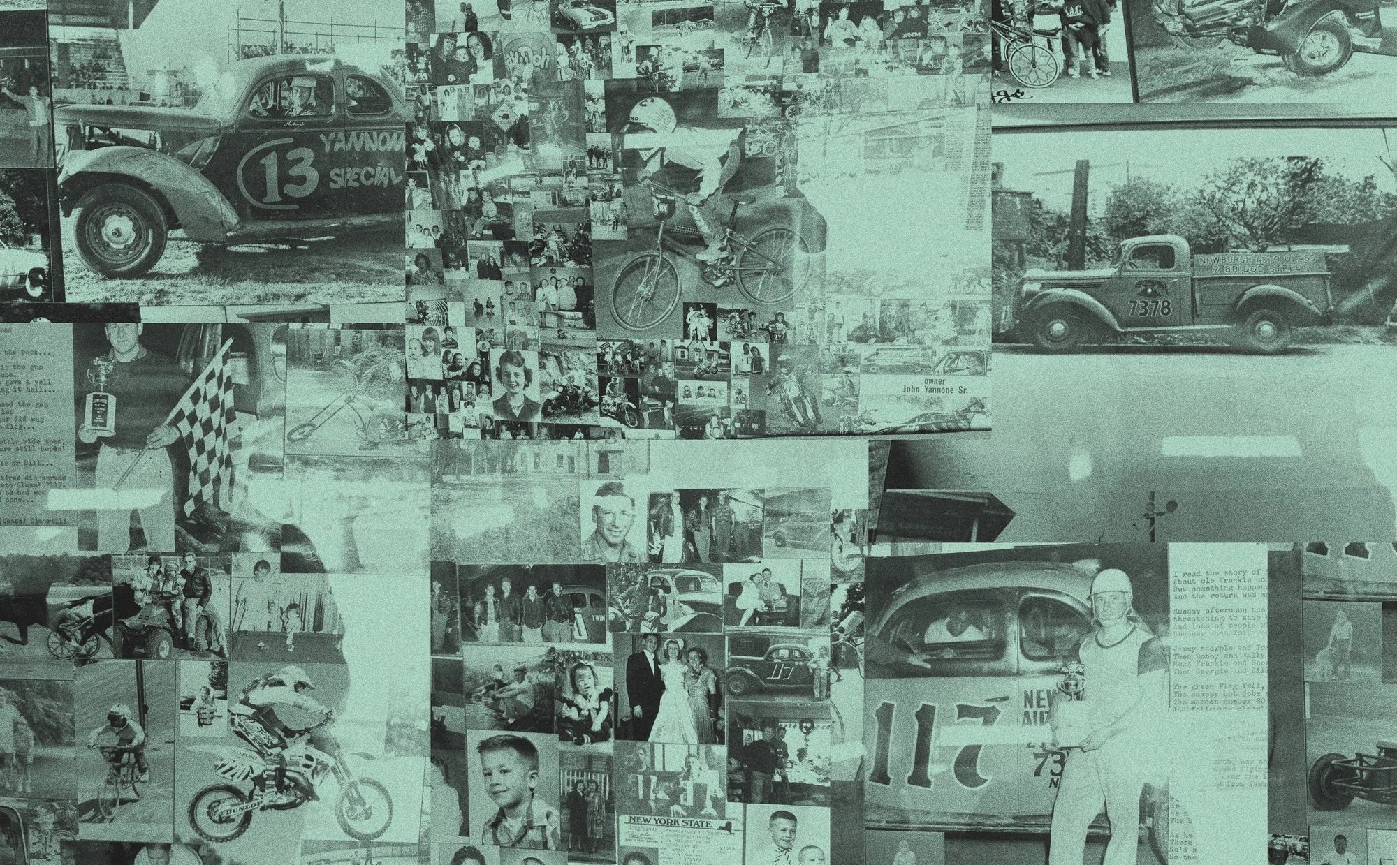 Heritage photo collage of vintage race cars, trucks, and family photos from Newburgh Auto Glass's history since 1947